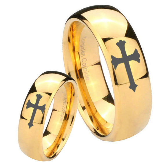 His and Hers Christian Cross Dome Gold Tungsten Wedding Engagement Ring Set