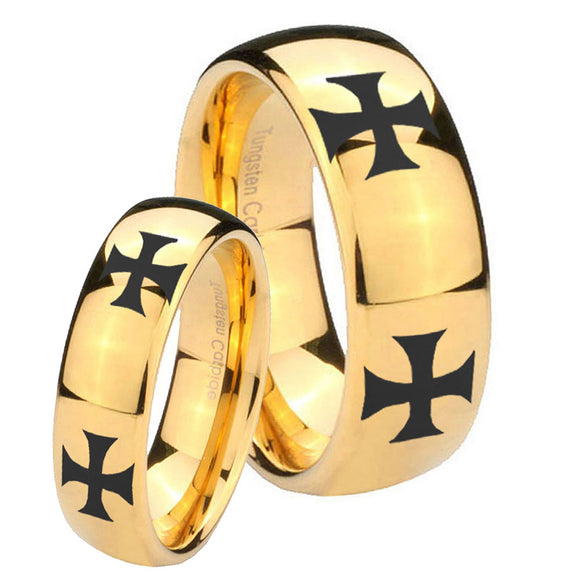 Bride and Groom 4 Maltese Cross Dome Gold Tungsten Mens Promise Ring Set
