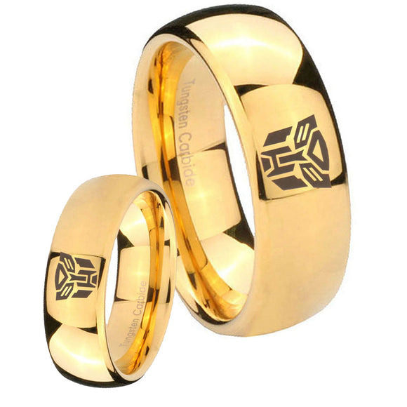 Bride and Groom Transformers Autobot Dome Gold Tungsten Carbide Mens Ring Set