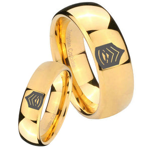 Bride and Groom Army Sergeant Major Dome Gold Tungsten Wedding Bands Ring Set