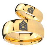 Bride and Groom Army Sergeant Major Dome Gold Tungsten Wedding Bands Ring Set