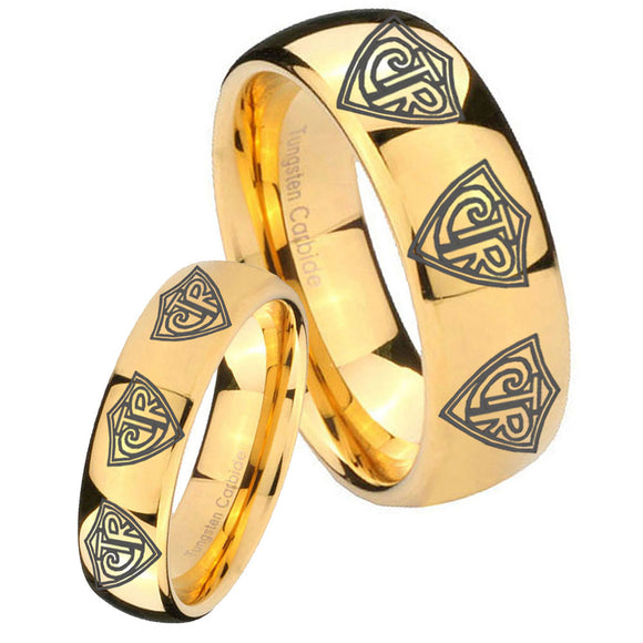 Bride and Groom Multiple CTR Dome Gold Tungsten Carbide Personalized Ring Set