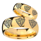 Bride and Groom Multiple CTR Dome Gold Tungsten Carbide Personalized Ring Set