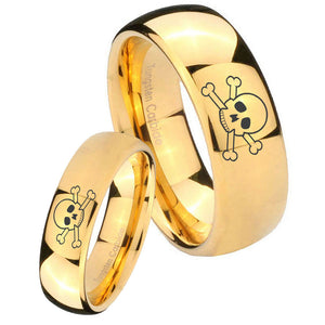 Bride and Groom Skull Dome Gold Tungsten Carbide Mens Promise Ring Set