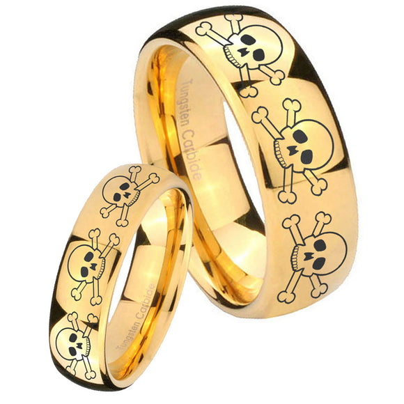 Bride and Groom Multiple Skull Dome Gold Tungsten Carbide Mens Wedding Band Set