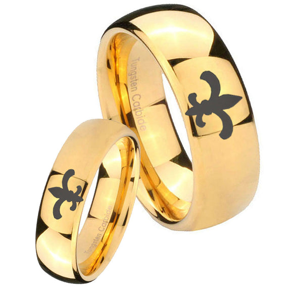Bride and Groom Fleur De Lis Dome Gold Tungsten Carbide Rings for Men Set