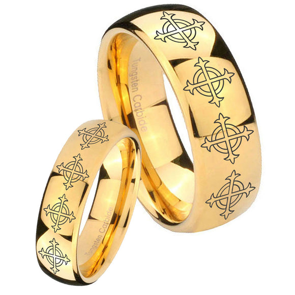 Bride and Groom Multiple Crosses Dome Gold Tungsten Men's Engagement Band Set