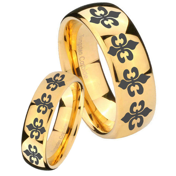 His and Hers Multiple Fleur De Lis Dome Gold Tungsten Mens Ring Engraved Set