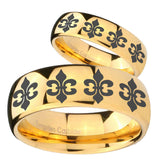 His and Hers Multiple Fleur De Lis Dome Gold Tungsten Mens Ring Engraved Set