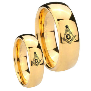 His Hers Master Mason Masonic Dome Gold Tungsten Mens Engagement Ring Set