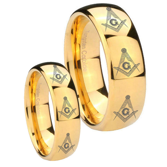 His Hers Multiple Master Mason Masonic Dome Gold Tungsten Promise Ring Set