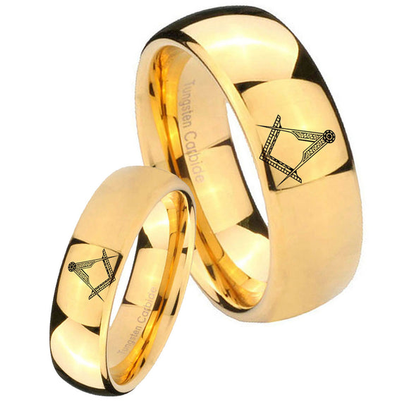 Bride and Groom Masonic Dome Gold Tungsten Carbide Men's Wedding Band Set