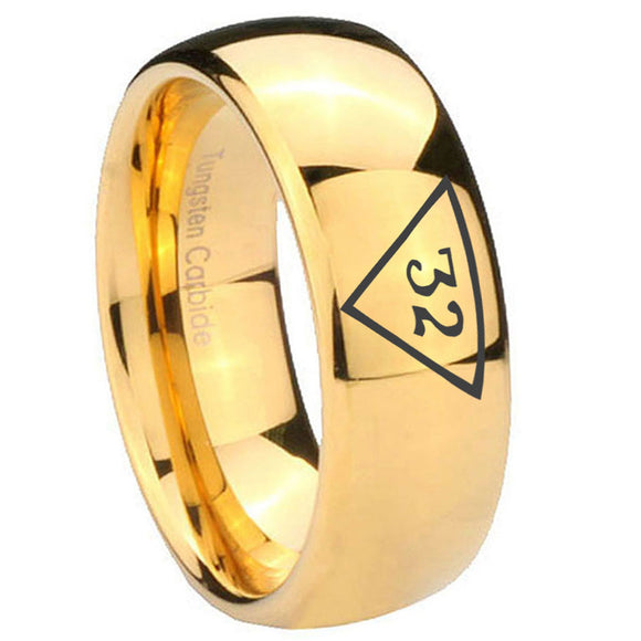 10mm Masonic 32 Triangle Freemason Dome Gold Tungsten Carbide Men's Engagement Band