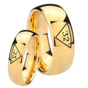 Bride and Groom Masonic 32 Triangle Freemason Dome Gold Tungsten Carbide Men's Wedding Ring Set