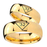 Bride and Groom Masonic 32 Triangle Freemason Dome Gold Tungsten Carbide Men's Wedding Ring Set