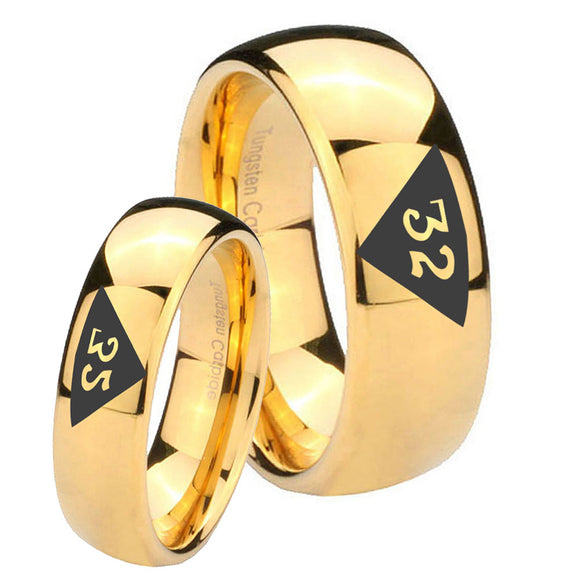 Bride and Groom Masonic 32 Triangle Design Freemason Dome Gold Tungsten Carbide Men's Wedding Ring Set