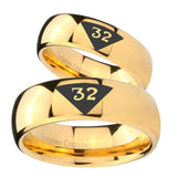 Bride and Groom Masonic 32 Triangle Design Freemason Dome Gold Tungsten Carbide Men's Wedding Ring Set