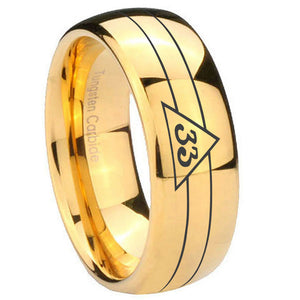 10mm Masonic 32 Duo Line Freemason Dome Gold Tungsten Carbide Men's Engagement Band