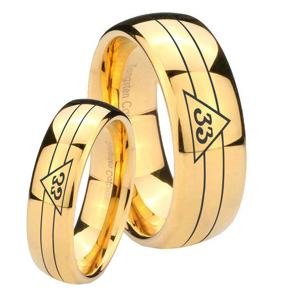Bride and Groom Masonic 32 Duo Line Freemason Dome Gold Tungsten Carbide Men's Wedding Ring Set