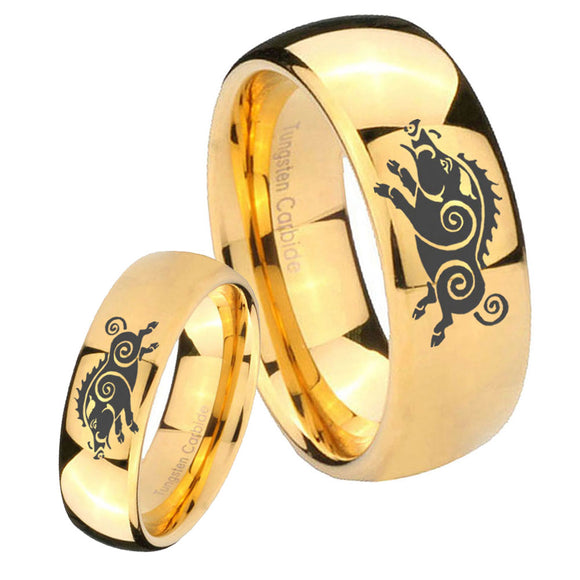 Bride and Groom Wild Boar Dome Gold Tungsten Men's Engagement Ring Set