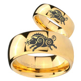 Bride and Groom Wild Boar Dome Gold Tungsten Men's Engagement Ring Set