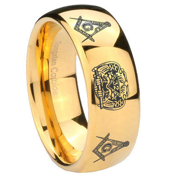 10mm Masonic 32 Design Dome Gold Tungsten Carbide Personalized Ring
