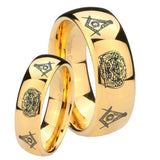 Bride and Groom Masonic 32 Design Dome Gold Tungsten Carbide Men's Ring Set