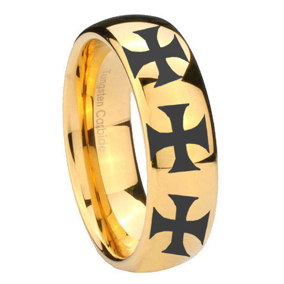 10mm Multiple Maltese Cross Dome Gold Tungsten Carbide Mens Anniversary Ring