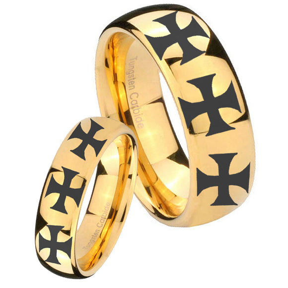 His Hers Multiple Maltese Cross Dome Gold Tungsten Men's Engagement Ring Set