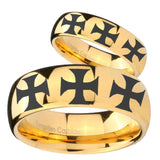 His Hers Multiple Maltese Cross Dome Gold Tungsten Men's Engagement Ring Set