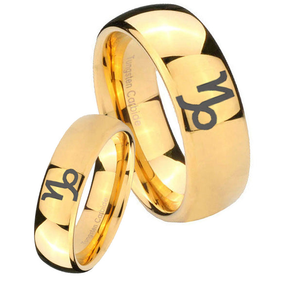 Bride and Groom Capricorn Zodiac Dome Gold Tungsten Wedding Bands Ring Set