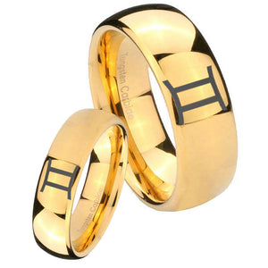 Bride and Groom Gemini Zodiac Dome Gold Tungsten Wedding Engagement Ring Set