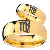 Bride and Groom Virgo Zodiac Dome Gold Tungsten Carbide Engraved Ring Set