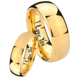 Bride and Groom I Love You Dome Gold Tungsten Carbide Mens Bands Ring Set