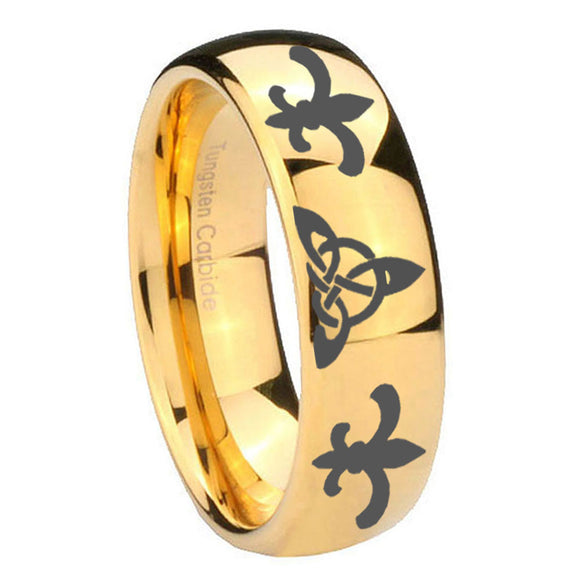 10mm Celtic Triangle Fleur De Lis Dome Gold Tungsten Carbide Personalized Ring