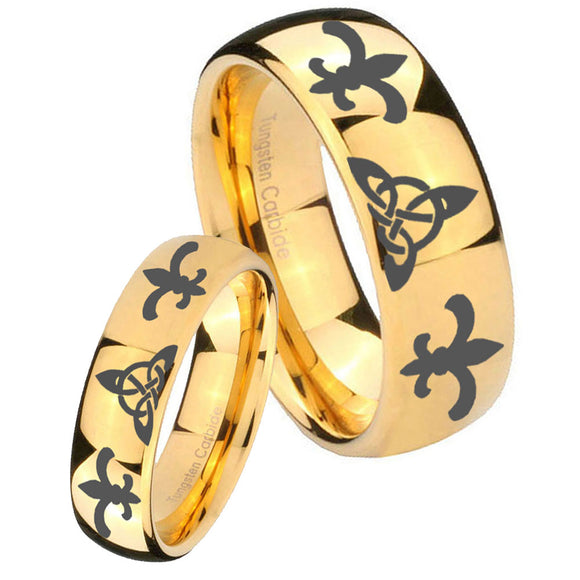 His and Hers Celtic Triangle Fleur De Lis Dome Gold Tungsten Bands Ring Set