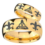 His and Hers Celtic Triangle Fleur De Lis Dome Gold Tungsten Bands Ring Set