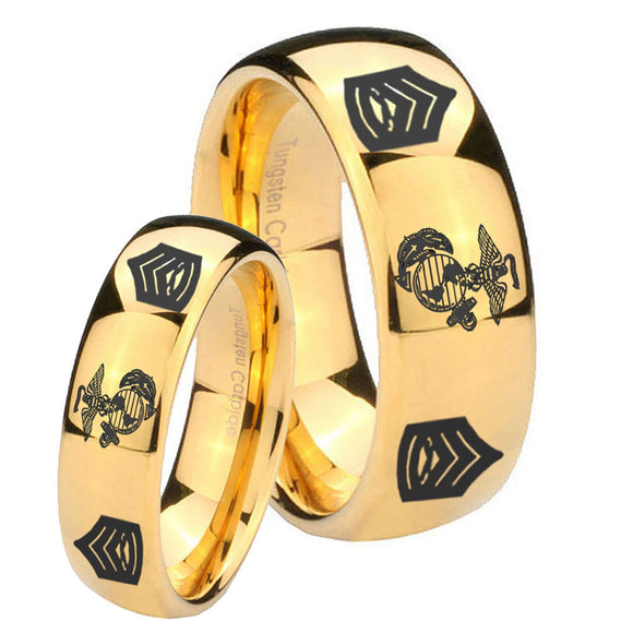 Bride and Groom Marine Army Sergeant Dome Gold Tungsten Mens Engagement Band Set