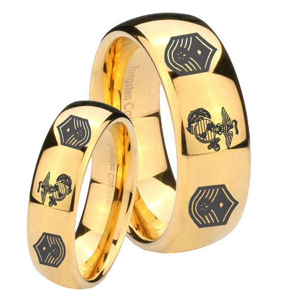 Bride and Groom Marine Chief Master Sergeant  Dome Gold Tungsten Anniversary Ring Set