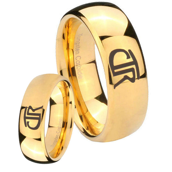 Bride and Groom CTR Dome Gold Tungsten Carbide Mens Engagement Ring Set