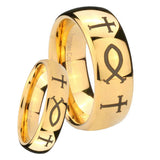 Bride and Groom Fish & Cross Dome Gold Tungsten Carbide Wedding Band Mens Set