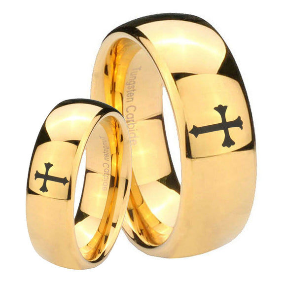 Bride and Groom Flat Christian Cross Dome Gold Tungsten Custom Mens Ring Set