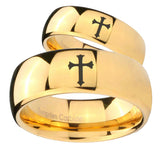 Bride and Groom Flat Christian Cross Dome Gold Tungsten Custom Mens Ring Set