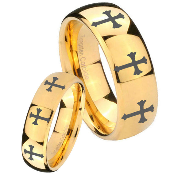 His Hers Multiple Christian Cross Dome Gold Tungsten Mens Promise Ring Set