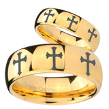 His Hers Multiple Christian Cross Dome Gold Tungsten Mens Promise Ring Set