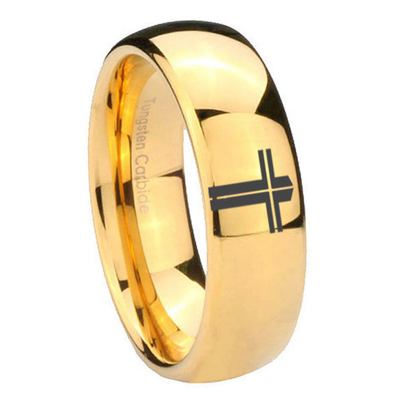 10mm Flat Christian Cross Dome Gold Tungsten Carbide Mens Ring