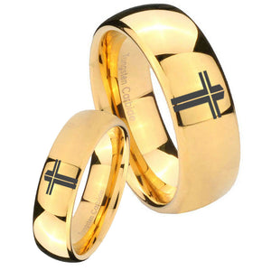 Bride and Groom Flat Christian Cross Dome Gold Tungsten Carbide Promise Ring Set