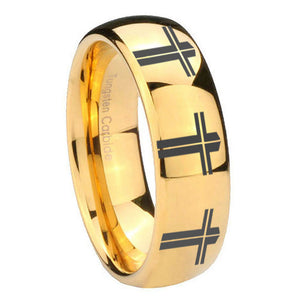 10mm Multiple Christian Cross Dome Gold Tungsten Carbide Rings for Men