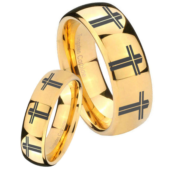 His Hers Multiple Christian Cross Dome Gold Tungsten Custom Ring for Men Set