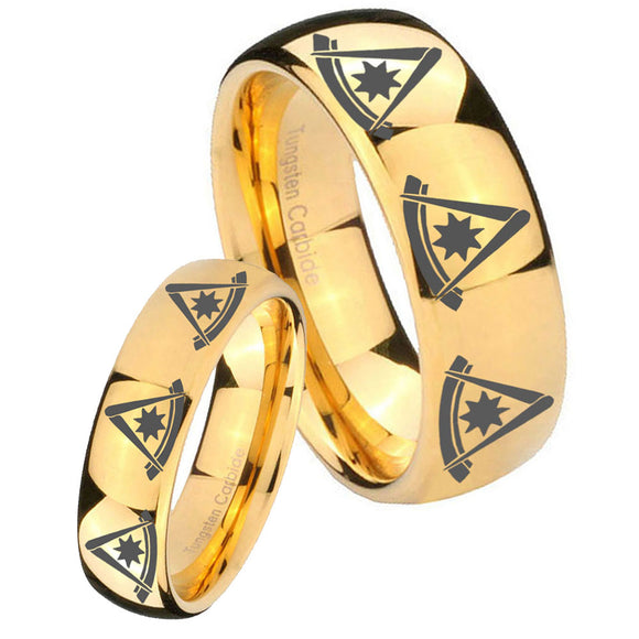 His Hers Multiple Pester Master Masonic Dome Gold Tungsten Mens Wedding Band Set